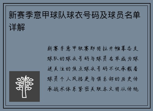 新赛季意甲球队球衣号码及球员名单详解